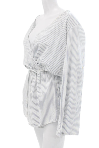 Faithfull The Brand Womens White Striped VNeck Long Sleeve Jumpsuit Size 6