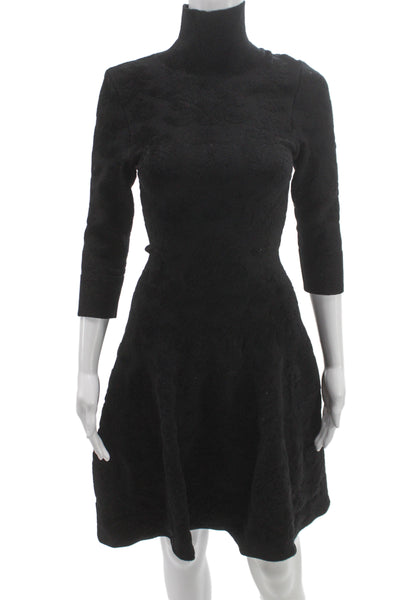 Issa Women Fit & Flare Black Turtleneck 3/4 Sleeve Mid-Calf Rayon Dress Size S