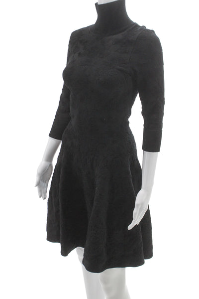 Issa Women Fit & Flare Black Turtleneck 3/4 Sleeve Mid-Calf Rayon Dress Size S