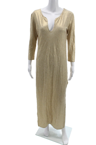 Majestic Filatures Womens Gold Metal Kaftan Dress Long V-Neck 3/4 Sleeve Size 1