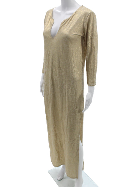 Majestic Filatures Womens Gold Metal Kaftan Dress Long V-Neck 3/4 Sleeve Size 1