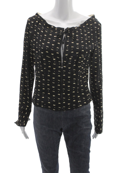 Rene Lezard Womens Silk Off Shoulder Geometric Blouse Long Sleeve Black Size 38