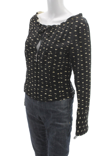 Rene Lezard Womens Silk Off Shoulder Geometric Blouse Long Sleeve Black Size 38