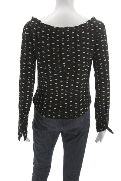 Rene Lezard Womens Silk Off Shoulder Geometric Blouse Long Sleeve Black Size 38