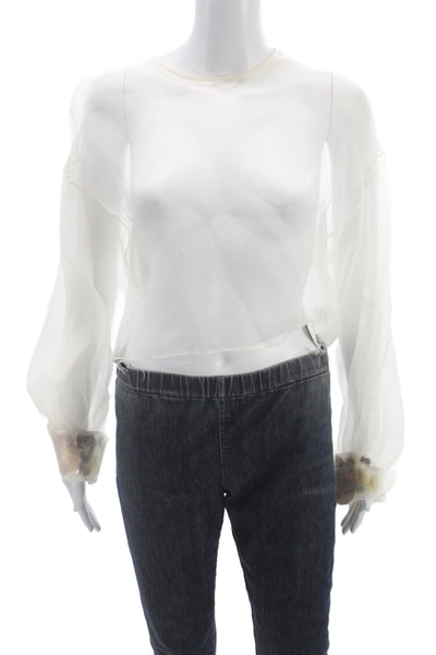 Designer Women Silk Cropped Blouse White Round Neck Long Sleeve Button Size S