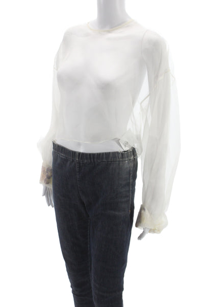 Designer Women Silk Cropped Blouse White Round Neck Long Sleeve Button Size S