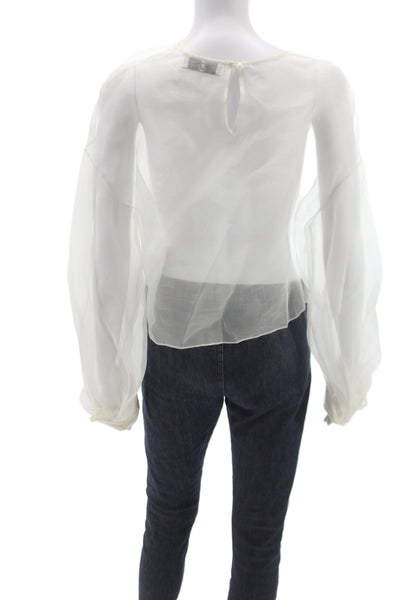 Designer Women Silk Cropped Blouse White Round Neck Long Sleeve Button Size S