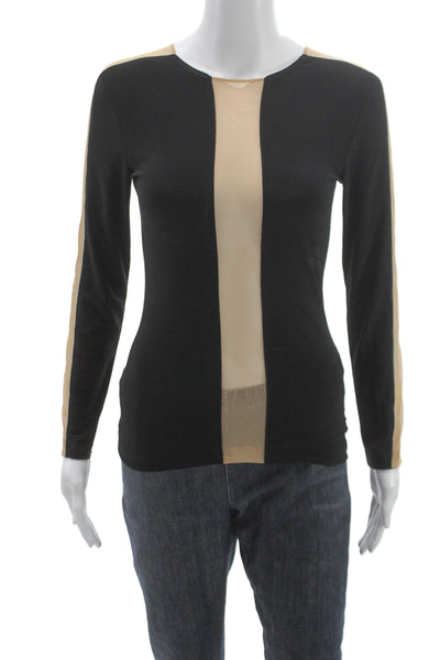 Norma Kamali Women Black Sheer Colorblock Basic Blouse Long Sleeve Size XS
