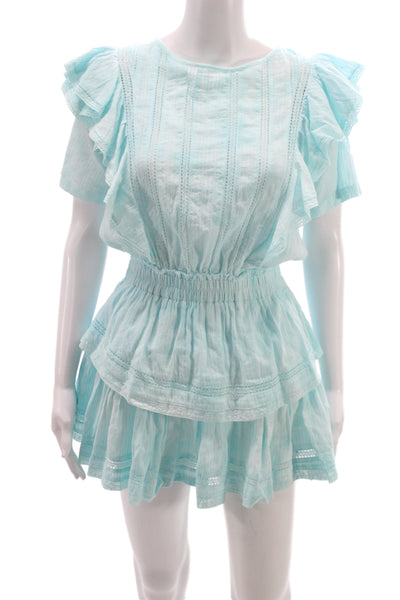 Love Shack Fancy Womens Blue Mini Dress Boho Cotton Short Sleeve Size XS