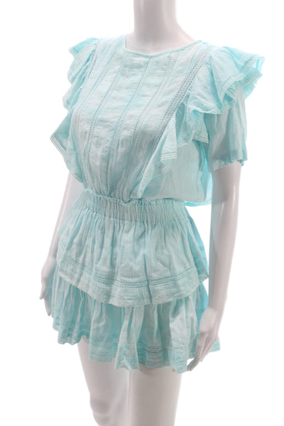 Love Shack Fancy Womens Blue Mini Dress Boho Cotton Short Sleeve Size XS