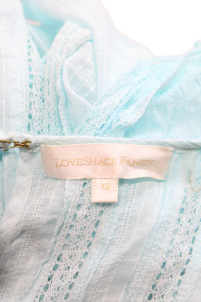 Love Shack Fancy Womens Blue Mini Dress Boho Cotton Short Sleeve Size XS
