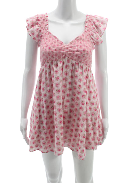 Love Shack Fancy Women Babydoll Dress Pink Floral Cotton V Neck Mini Size 0P