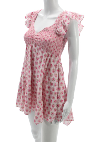 Love Shack Fancy Women Babydoll Dress Pink Floral Cotton V Neck Mini Size 0P