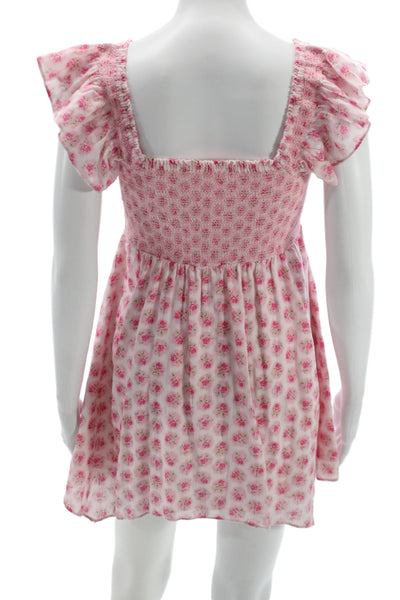Love Shack Fancy Women Babydoll Dress Pink Floral Cotton V Neck Mini Size 0P