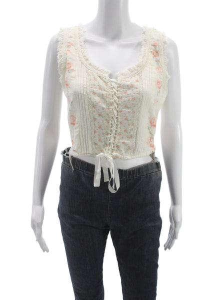 Love Shack Fancy Women Cropped Tank Ivory Floral V Neck Lace Up Size 6
