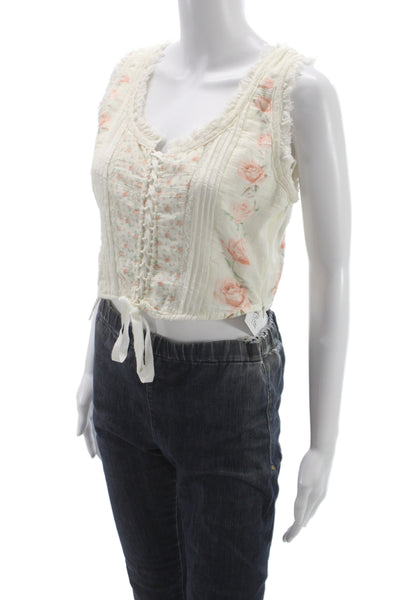 Love Shack Fancy Women Cropped Tank Ivory Floral V Neck Lace Up Size 6