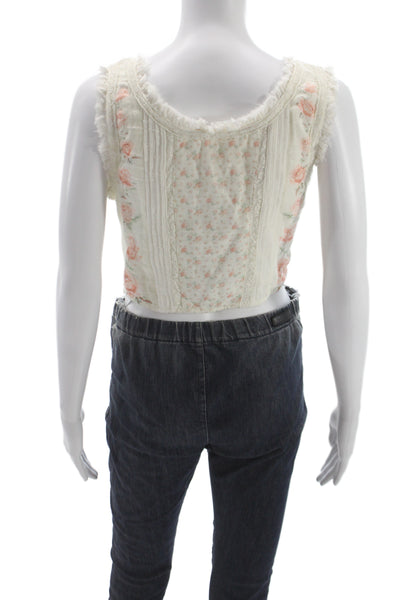 Love Shack Fancy Women Cropped Tank Ivory Floral V Neck Lace Up Size 6