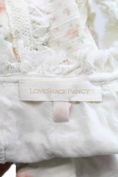 Love Shack Fancy Women Cropped Tank Ivory Floral V Neck Lace Up Size 6