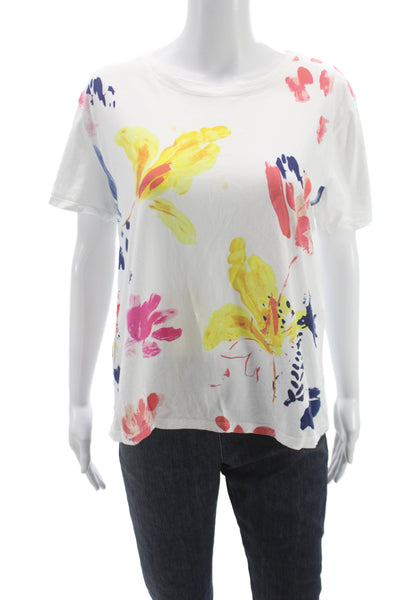 Zara Women Basic Floral Cotton Crew Neck T Shirt Short Sleeve White Size L