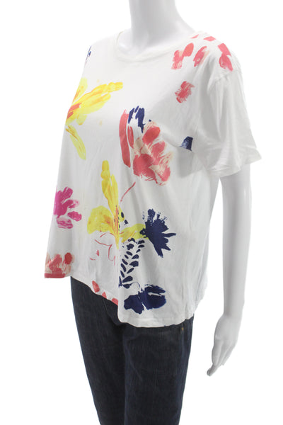 Zara Women Basic Floral Cotton Crew Neck T Shirt Short Sleeve White Size L