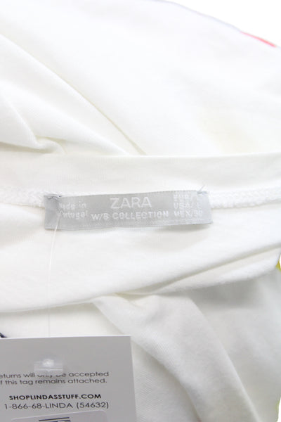 Zara Women Basic Floral Cotton Crew Neck T Shirt Short Sleeve White Size L