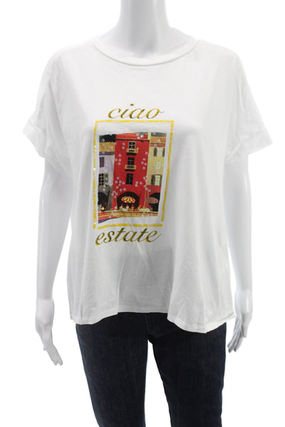 Marella Womens Basic White Cotton Crew Neck Graphic Tee Short Sleeve Size XL