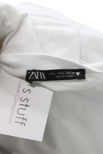 Zara Women Basic White Cotton Crew Neck 3/4 Sleeve T-Shirt Size L