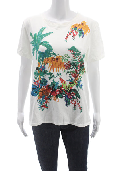 Zara Women Basic Floral Cotton Crew Neck T Shirt Short Sleeve White Size XL