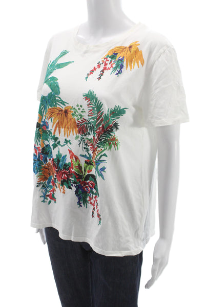 Zara Women Basic Floral Cotton Crew Neck T Shirt Short Sleeve White Size XL