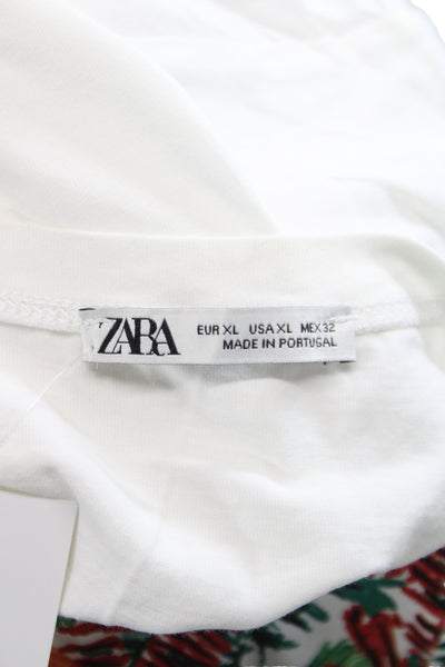 Zara Women Basic Floral Cotton Crew Neck T Shirt Short Sleeve White Size XL
