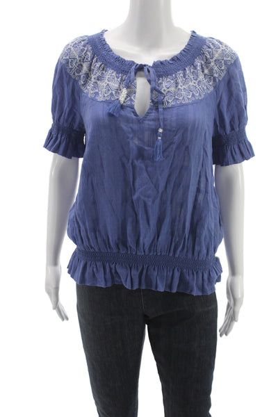 Tory Burch Women Tunic V-Neck Tie Cotton Short Sleeve Blue Bohemian Size M
