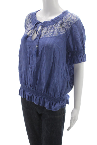 Tory Burch Women Tunic V-Neck Tie Cotton Short Sleeve Blue Bohemian Size M