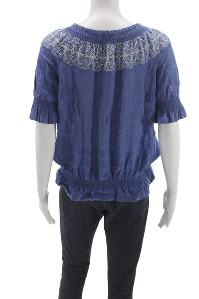 Tory Burch Women Tunic V-Neck Tie Cotton Short Sleeve Blue Bohemian Size M