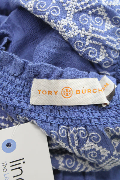 Tory Burch Women Tunic V-Neck Tie Cotton Short Sleeve Blue Bohemian Size M