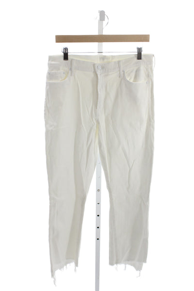 Mother Unisex Adults Cropped High Rise Distressed White Jeans Button Size 32