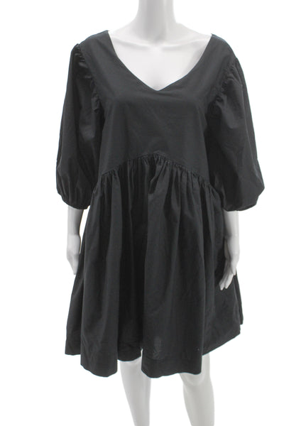 Merlette Womens Trapeze Swing Dress Black V-Neck 3/4 Sleeve Cotton Size M
