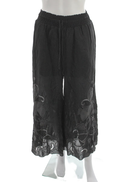 Johnny Was Womens Cropped Pants Black Paisley 100% Cupro Drawstring Size S