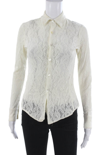 Equipment Womens Ivory Floral Lace Collared Button Up Blouse Long Sleeve Size S