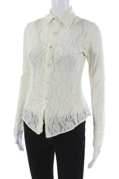 Equipment Womens Ivory Floral Lace Collared Button Up Blouse Long Sleeve Size S