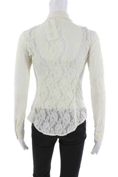 Equipment Womens Ivory Floral Lace Collared Button Up Blouse Long Sleeve Size S