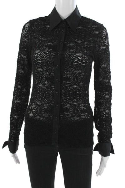 Anne Fontaine Women Collared Geometric Lace Button-Up Blouse Black Size 36