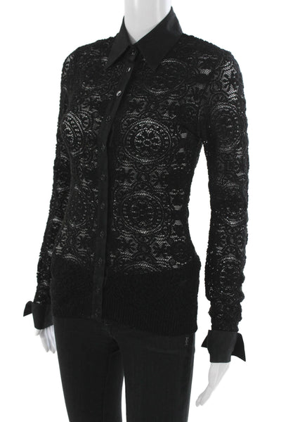 Anne Fontaine Women Collared Geometric Lace Button-Up Blouse Black Size 36