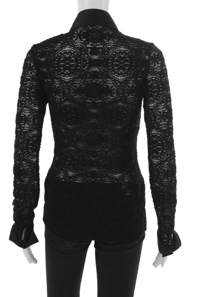 Anne Fontaine Women Collared Geometric Lace Button-Up Blouse Black Size 36