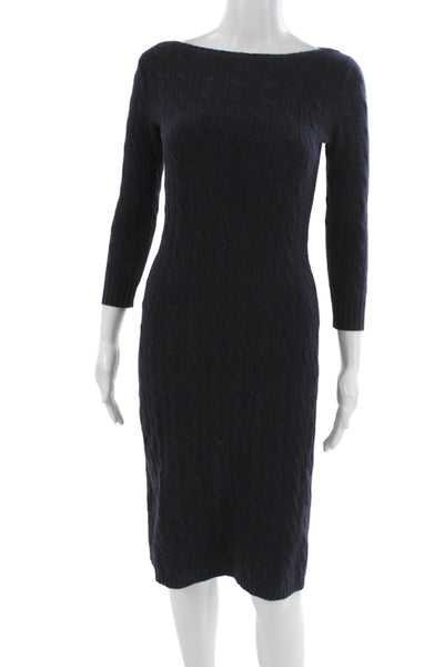 Ralph Lauren Women Cable Knit Boat Neck Sweater Dress Blue Size S