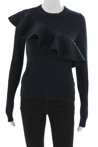 Apiece Apart Women Ruffle Pullover Sweater Blue Cotton Crew Neck Size XS