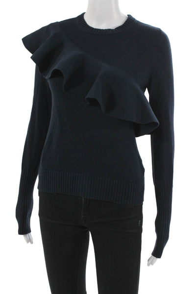 Apiece Apart Women Ruffle Pullover Sweater Blue Cotton Crew Neck Size XS