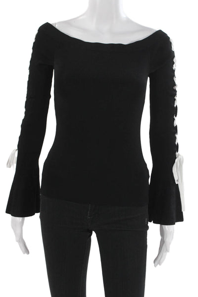 Scripted Womens Off Shoulder Lace Up Black Rayon Long Sleeve Blouse Size XS