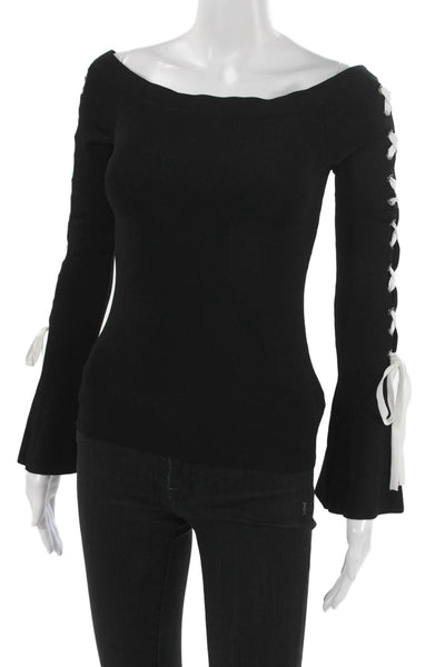 Scripted Womens Off Shoulder Lace Up Black Rayon Long Sleeve Blouse Size XS