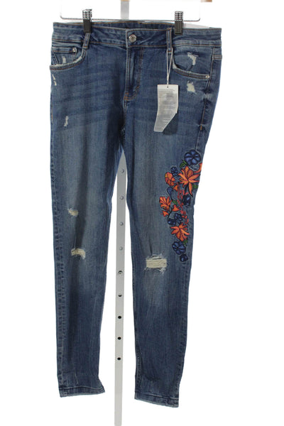 Zara Trafaluc Women Skinny Floral Jeans Blue High Rise Size 8