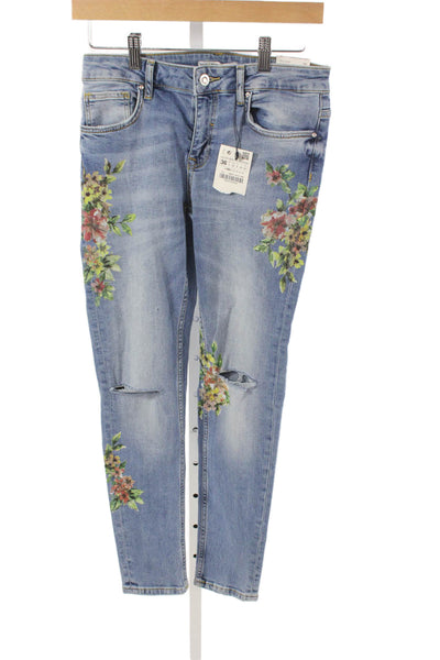 Zara Basic Unisex Skinny Floral High Rise Blue Cotton Jeans Size 4